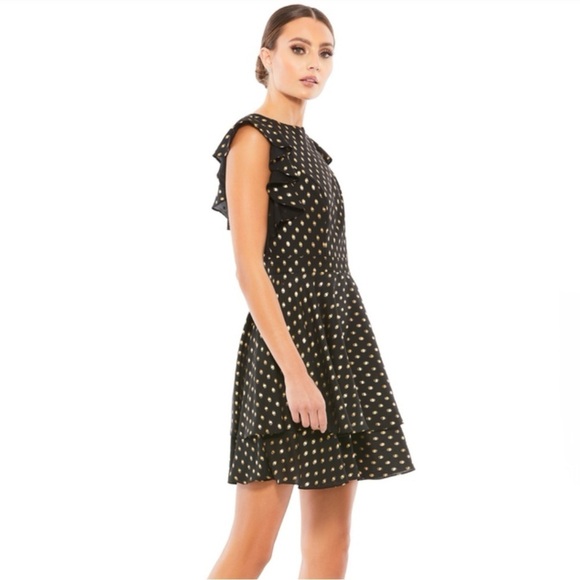 IEENA FOR MAC DUGGAL Ruffle Polka Dot Mini Dress Black Gold Size 4 NEW - Picture 2 of 16